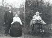 Skollärare Johan Alfred Lindh med maka Selma troligen fotograferade i skolträdgården. På bilden till höger sonsonen Johannes, född 1920 död 1986-06.