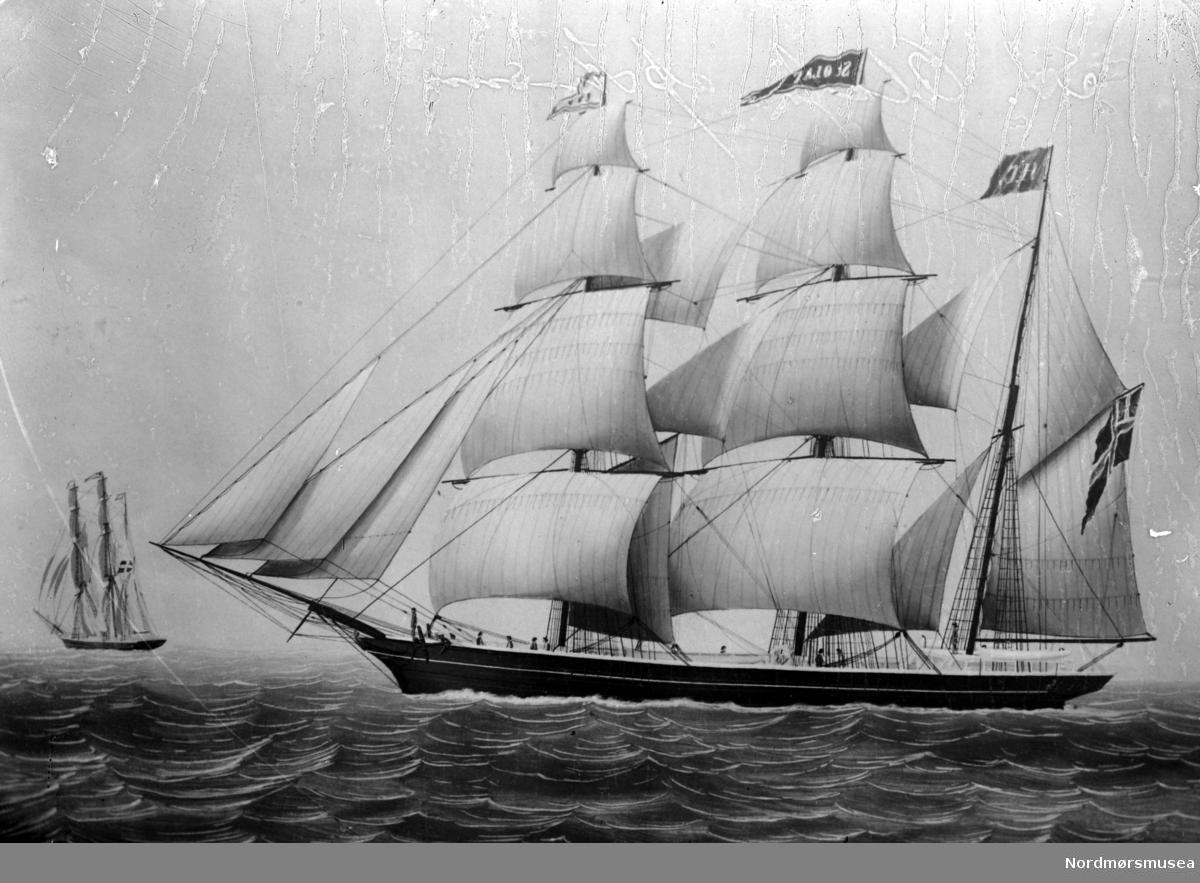 Tegning/maleri av seilskute med seilføring. St. Olaf (Fra Nordmøre Museums fotosamling)
