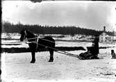 Ernst Hagman med fru Ester född Vogel åkandes släde efter häst.
Fotograf E Sörman.