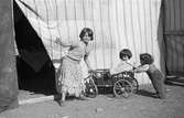 Tre barn leker med en vagn/skrinda. Den äldsta flickan ser in i kameran. Familjen Taikons läger i Johanneshov, södra Stockholm.