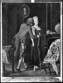 Damskräddare tar mått på kvinna i högreståndsmiljö. Elegant möblerad interiör med öppen spis. Stockholmsbild från 1776. Oljemålning av Pehr Hilleström (1733-1816).