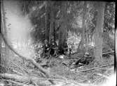 Män sitter kring elden i skogen.