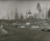 Blackstads kyrka. Foto från öster (från Hallingebergsvägen), taget efter avverkningen i mars 1969.
