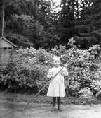 Flicka med kratta i trädgård, troligtvis i Gammelstilla, Torsåker, före 1915.