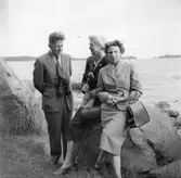 Två kvinnor och en man vid strandkanten
