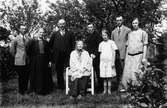 Familjefoto från Nils-Nils i Lenninge, troligen 1924. Stående från vänster: Lars, Kristin, Johan, Johan, Elin, Nils och Stina. Sittande: Stina Nilsson, född Holmberg, 1836.