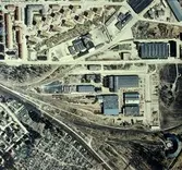 Gävle Vagnverkstad AB, april 1979. Flygbild över företaget


