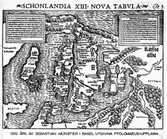 Karta över Sverige år 1542. Schonlandia Xlll Nova Tabvla.