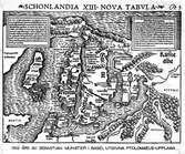 Karta över Sverige år 1542. Schonlandia Xlll Nova Tabvla.