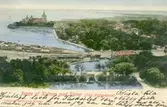Kolorerat vykort, föreställande parti av Kalmar, med slottet, sett från vattentornet.