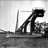 Folk som tittar på brobygget från båt.