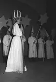 Mary Forslund, Gävle Lucia 1949. Hon är 21 år och handhar arkivet hos A/B Carl Larssons fotografiska atelier Tärnorna är Margareta Svensson, Harriet Jansson, Ulla Persson och Marianne Lundin. Luciatåget startar från Brandstation och går Nygatan - N. Skeppargatan - Drottninggatan - Stora Esplanadgatan och åter till Brandstationen. Soaré på teatern som arrangerat av köpmanna- och hantverkarungdomen i Gävle, leds av Macce Kjellin, kröntes Lucian med smycket av direktör Gösta Nygren, Furuvik. Lucia tävlingen arrangerades av Norrlands-Posten.
