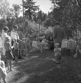 Födelsedgsuppvaktning. Barn och vuxna ute vid kaffebord. Reportage från Bönan. År 1948. Reportage för Afton-Tidningen. Beställt av fru Wesslén, Bönan.
