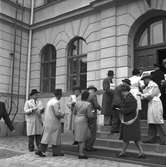 Valbilder tagna under valdagen. 19 september  1948.
Fru Åberg på trappan.