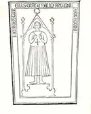 Gravhäll över Tyrgils. Efter teckning av KB:Fm 46. 1300-talets början. Inskrift GI:96
Kantskrift: 