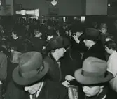 Realisation på Nordiska Kompaniets herravdelning. Trängsel kring varustånd med bl a hårfilthattar för 9.50. Text med blyerts på baksidan: 