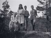 Nina, Sigrid, Lars och Hans på en sten i skogen i närheten av Tuna gård.