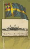 Vykort med motiv av Kalmar slott och Unionsflaggan.


fr. Jenny...