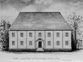 1671 års skolbyggnad (efter en gammal pennteckning).
