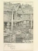 Bohuslän, Grundsund. Fiskebodar. Teckning av Ferdinand Boberg