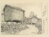 Dalarna, Siljansnäs sn. Härbre och gärdesgårdar i Björken. Teckning av Ferdinand Boberg