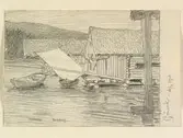 Ångermanland, Härnösands sn., Gånsvik. Fiskebodar och båtar. Teckning av Ferdinand Boberg.