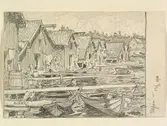 Ångermanland, Nätra sn., Ulvön. Fiskebodar och båtar. Teckning av Ferdinand Boberg.