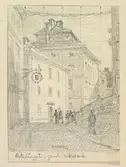 Teckning av Ferdinand Boberg. Stockholm, Staden in. br., Österlånggatan, G:la riksbanken