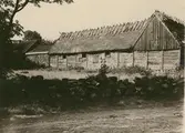 Selma Nilssons gård från bygatan. Gården mycket ålderdomlig. Daterad genom en målad inskrift över porten mot gatan.
Det lilla stenhuset i mitten har torvtak med flisor i takfoten.