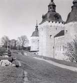 Kanoner på västra vallen till Kalmar slott. Kuretornet, Kungsmakstornet och Rödkullatornet syns i bild.