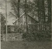 Bostadshus, häck, träd och stenmur.