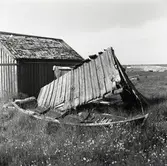 Förfallen sjöbod och upplagd eka.