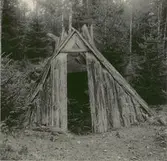 Kolhytta med spis, nu i ruiner. Dörren lyftes för. I hyttan bäddades med granris.