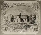 Teckning av den gamla kyrkan i Västra Ed 1863, samma år som den nya kyrkan uppfördes.