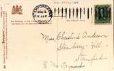 Ett vykort i färg, liggande format, till Christine Anderson, Strawberry Hill, Stamford, c/o Mrs Raymond från Alice.  Kortet är stämplat i Stamford 1905