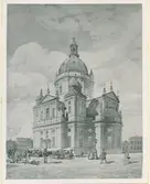 Förslag till domkyrkans komplettering med kupol. Folke Zettervall omkring 1900.