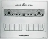 Ladan, södra sidan. Teckning av C A Nilsson.


Fasaden och i genomskärning.