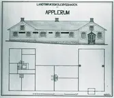 Lantbruksskolebyggnaden. Akvarellerad teckning av C A Nilsson.

Fasaden och planritning.