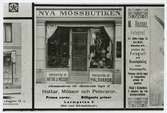 Nya Mössbutiken, Larmgatan 8. Notis på anslagstavla.

KLM 28770:3, datum 1908.