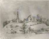 Hannäs tidigare stenkyrka. som revs när den nuvarande kyrkan färdigställdes 1885.
Teckning av Sofi Hazelius 1865.