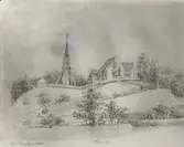 Hannäs tidigare stenkyrka. som revs när den nuvarande kyrkan färdigställdes 1885.
Teckning av Sofi Hazelius 1865.