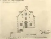 Ritning till nybyggnad i Högsby för Smålands enskilda bank. Kalmar i januari 1920 J. Fred. Olson, arkitekt. Fasad mot sydost.