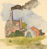 Manilla gjuteri 1893. Akvarell av skolynglingen J. Söderberg, kopia av Edvin Lindholm 1893.