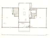 Plan av stuga i två våningar.  a. Förstuga, b. Kök 1. Källarlucka 2. Skafferi c. Stuga  d. rum  3. Igensatt påugn.