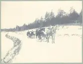 Två stycken hästhållna slädar med personer däri.