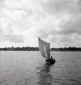 Karl Pettersson med sin roddsump under segel.