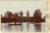 Den så kallade Dackeön i sjön Hjorten, Rumskulla socken, foto 1890-talet. Längs ena stranden finnas i vattnet ekpålar till skydd. På holmen en större grop eller sänka, vari lär ha hittats förrostade 
