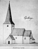 Sida i tidskrift med Hornborga gamla kyrka.
Efter Assar Blomberg.