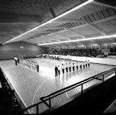 Skara. Handbollslag i idrottshallen (1955?).