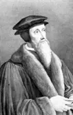 Johannes Calvin.

Calvin(eg. Cauvin), Jean, 1509-1564, fransk-schweizisk reformator, född i Picardie, död i GenÃ¨ve. C. bedrev humanistiska och juridiska studier i Paris. Påverkan
 från t.ex. Erasmus av Rotterdam och från Martin Luthers skrifter gjorde att han sökte sig bort från den romersk-katolska kyrkans lära. Efter en oväntad omvändelse bröt han med den påvliga kyrkan, tvingadeslämna Frankrike och begav sig till Basel. Där skrev han 1536 den första versionen av sin stora dogmatik, Institutio religionis christianae
('Undervisning om den kristna religionen'), första upplagan disponerad efter Luthers Lilla katekes, slutupplagan efter apostoliska trosbekännelsen.
http://www.ne.se/jsp/search/article.jsp?i_art_id=140435